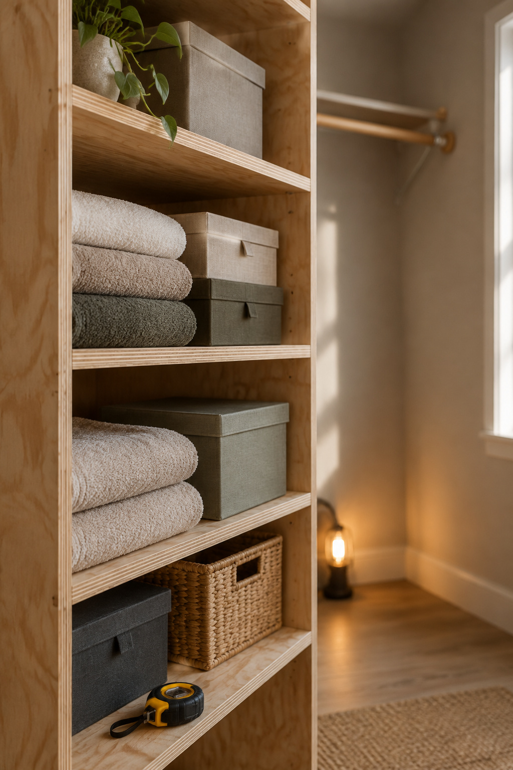 DIY plywood closet shelving with visible wood grain, folded towels, storage boxes and a tape measure