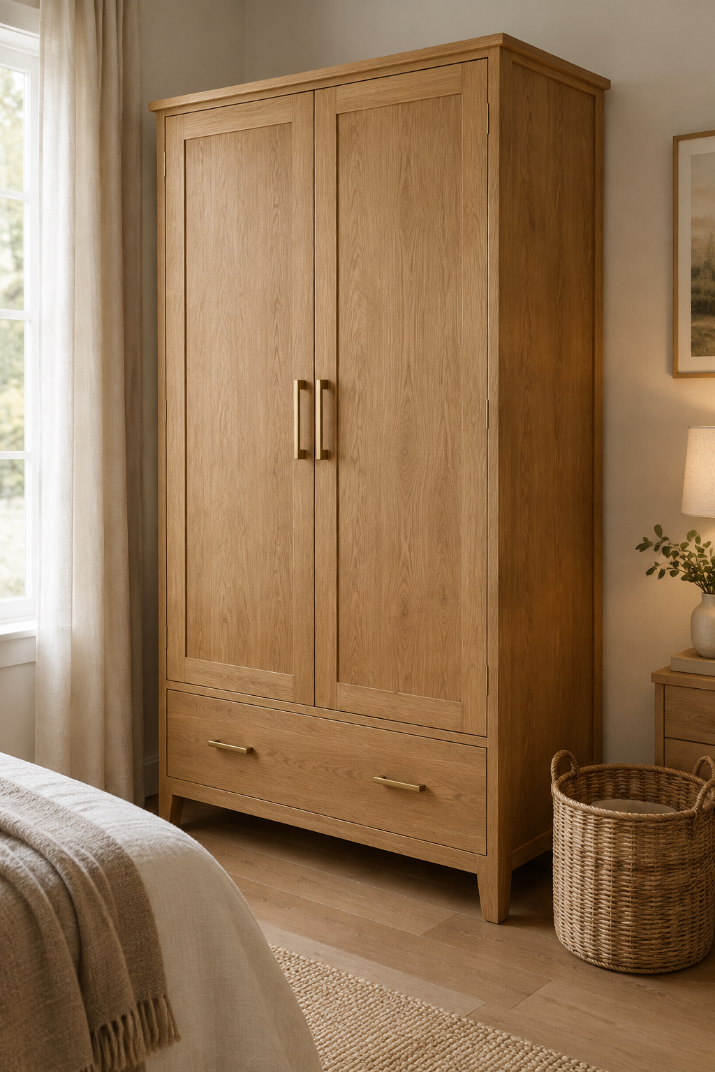 Freestanding oak wardrobe with brushed brass hardware in a bedroom corner with no built closet