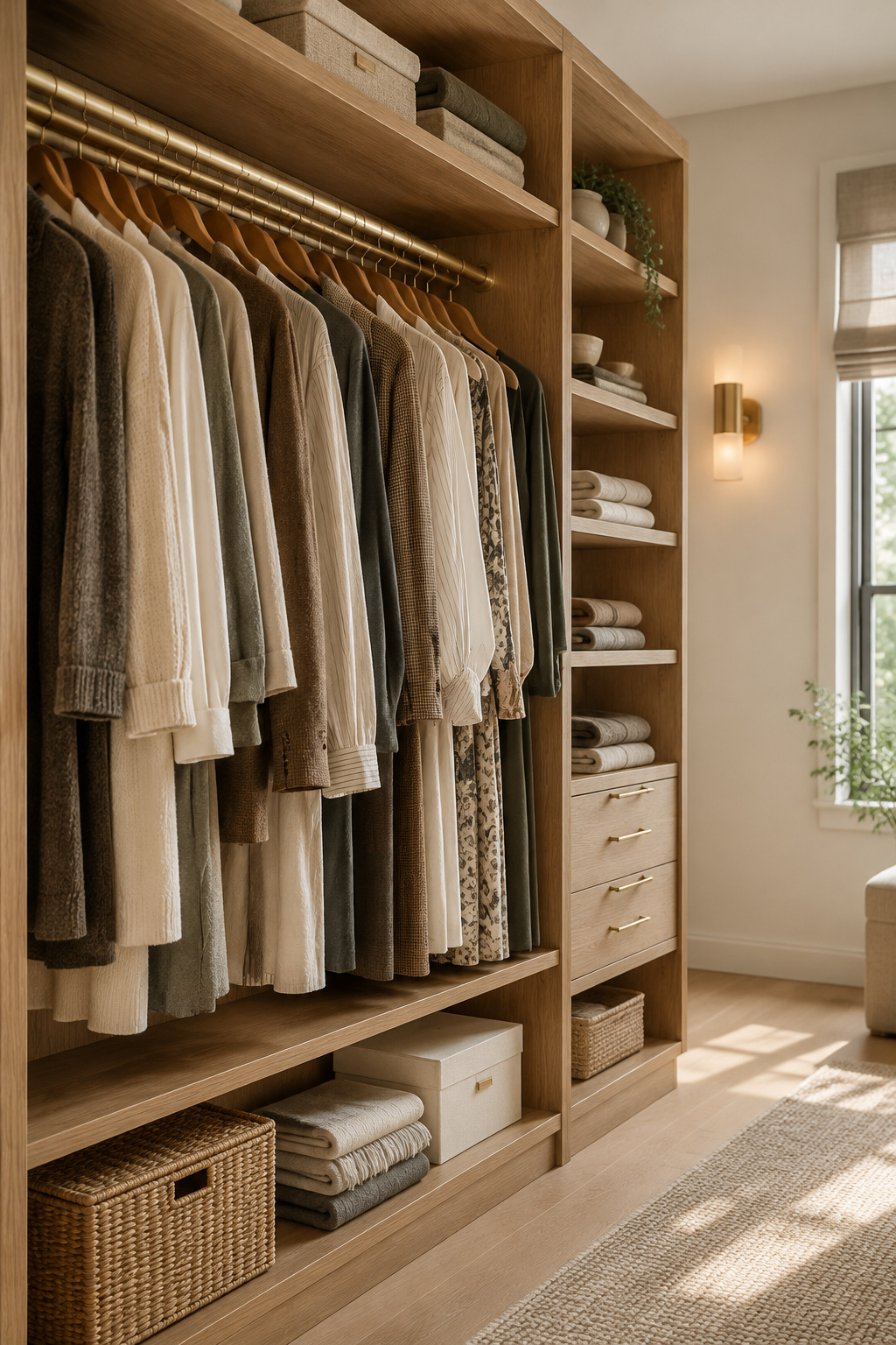 Organized reach-in closet with oak shelving, brushed brass rod, hanging clothes and a rattan storage basket