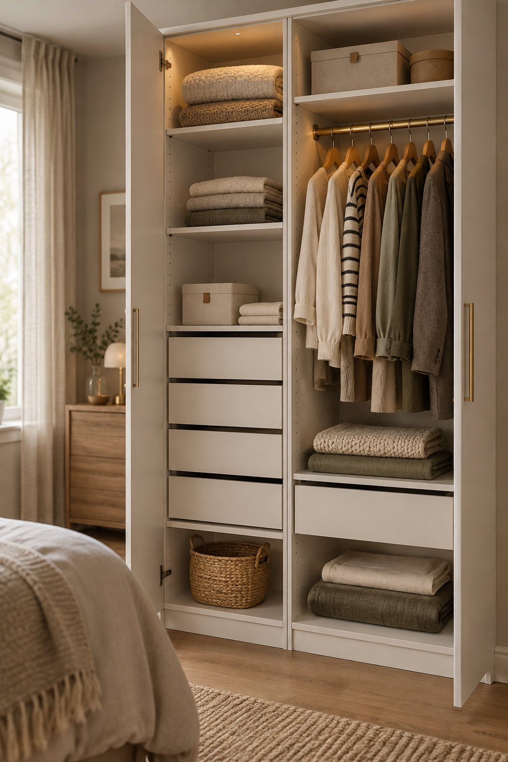 Open white IKEA PAX wardrobe frame with folded clothes, drawers and a hanging rod with garments