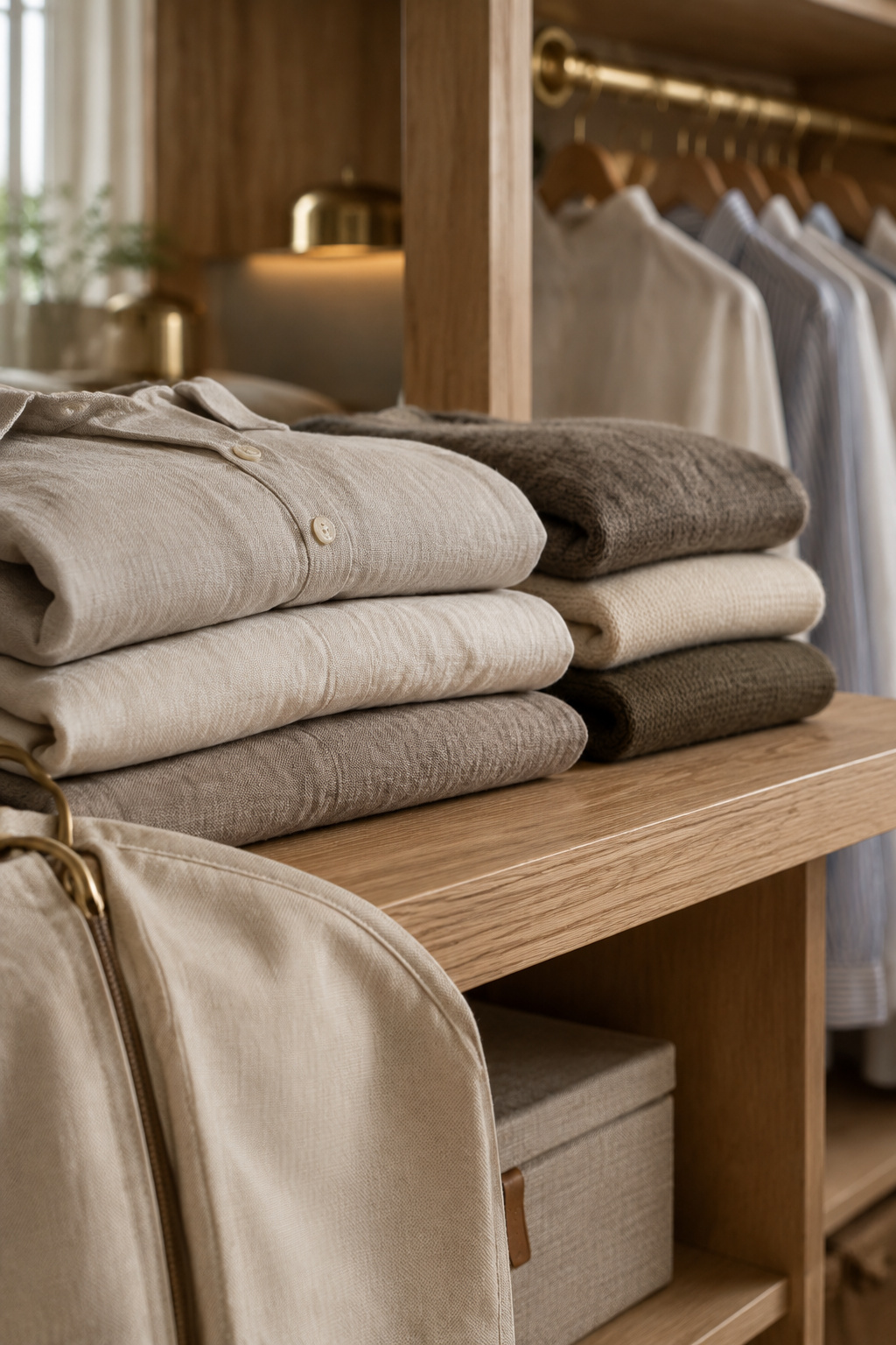 Close-up of folded linen garments on an oak closet shelf with a canvas garment bag and hanging shirts on a brass rod