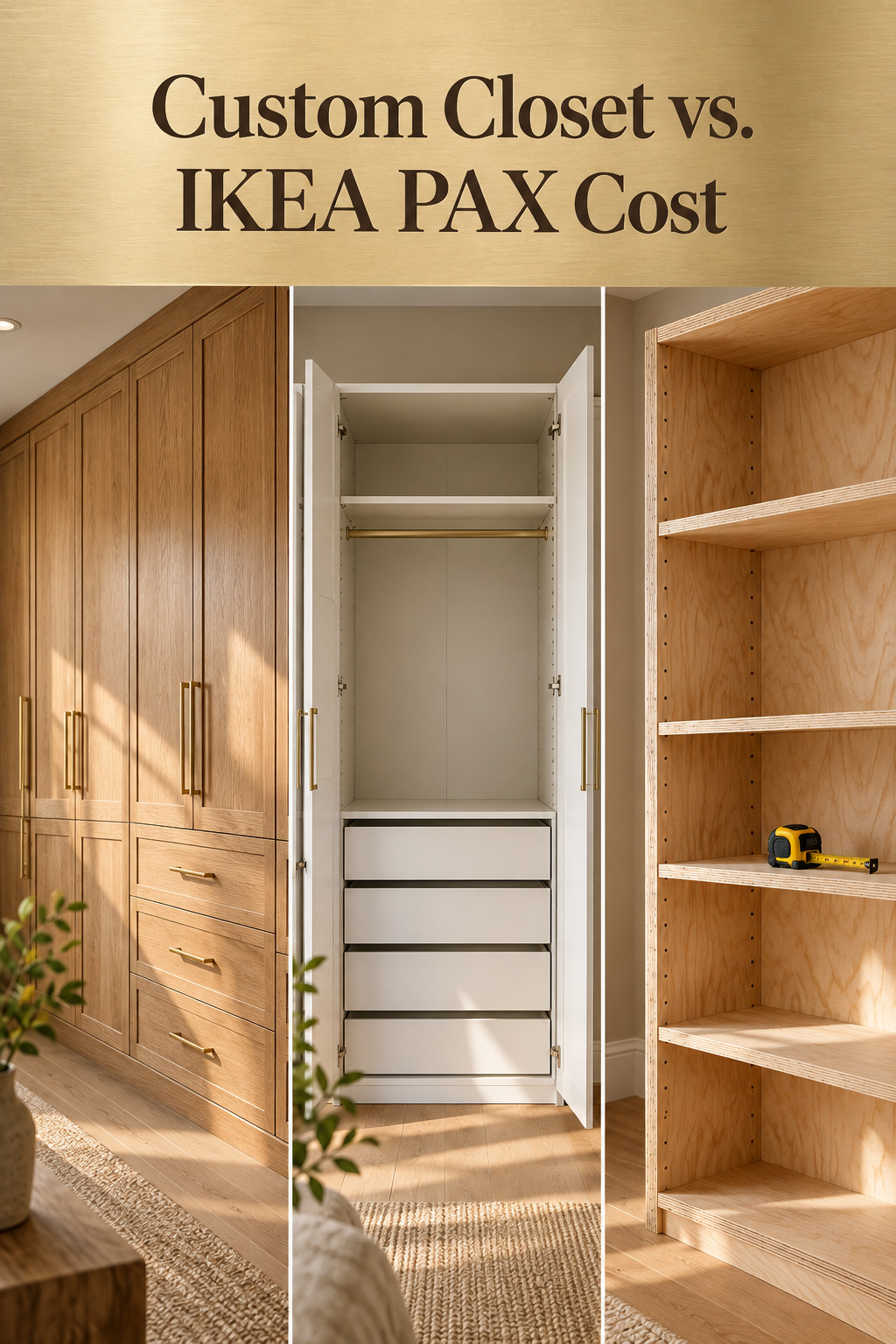 Pinterest collage comparing a custom oak closet, an IKEA PAX wardrobe frame, and a DIY plywood shelving unit