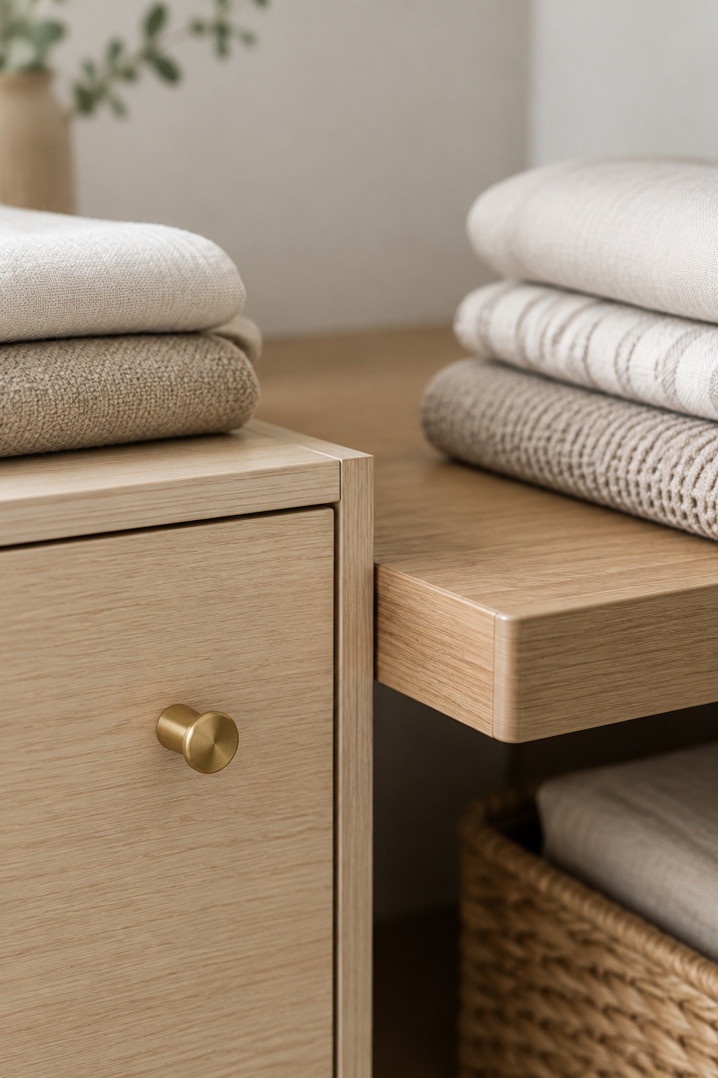 Closet corner comparing a thinner laminate cabinet edge to a thicker custom shelf with PVC edge banding, holding folded linens