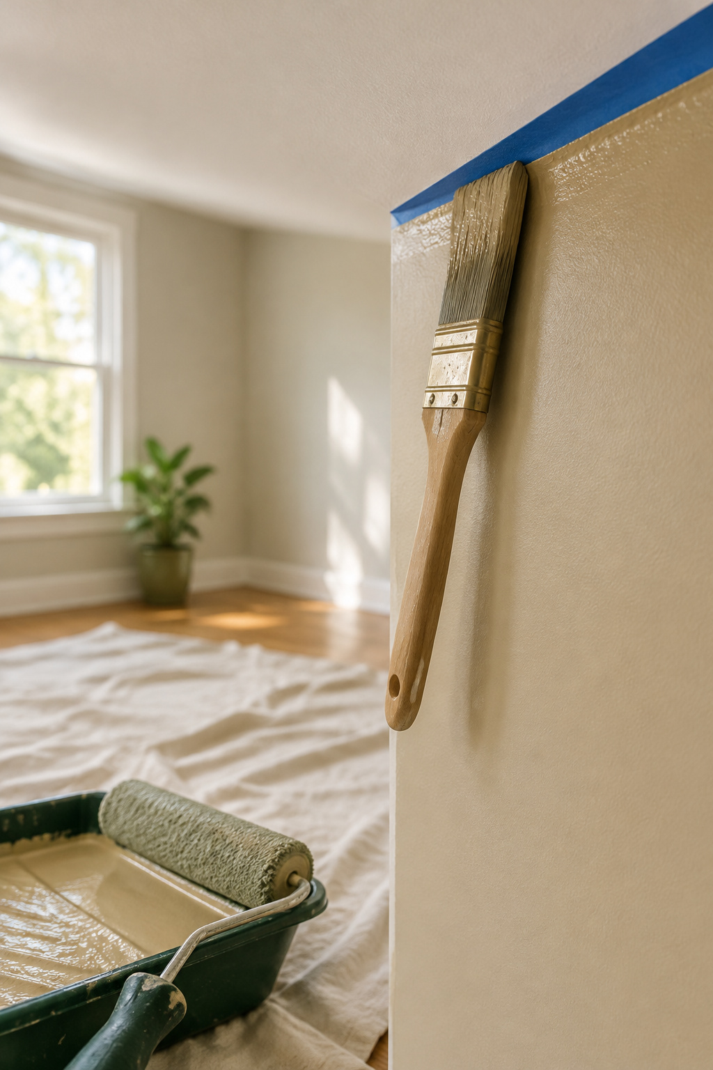 Freshly cut-in warm wall color along painter's tape at the ceiling line with a roller tray nearby