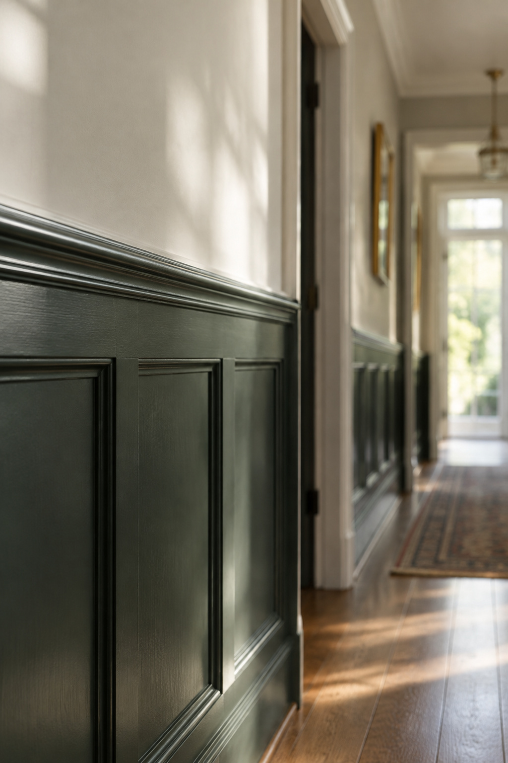 Close detail of a dado rail where dark blackened-green panelling meets a pale upper wall in an entry hallway
