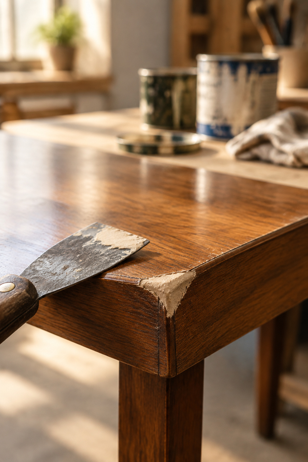 Close-up of a veneer table top corner with a filled chip being prepared for painting