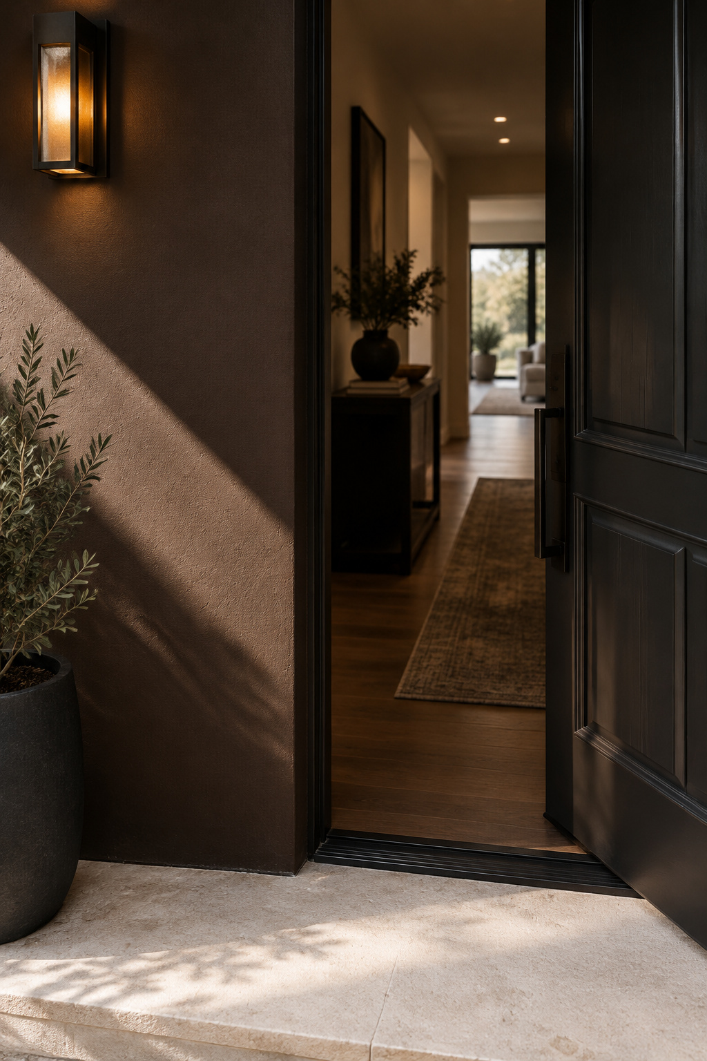 Open front door beside a deep espresso-brown entryway wall, daylight cutting across the dark paint