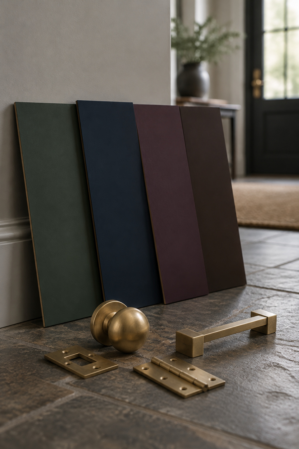 Four large painted sample boards in dark green, navy, aubergine and brown leaned against a pale wall