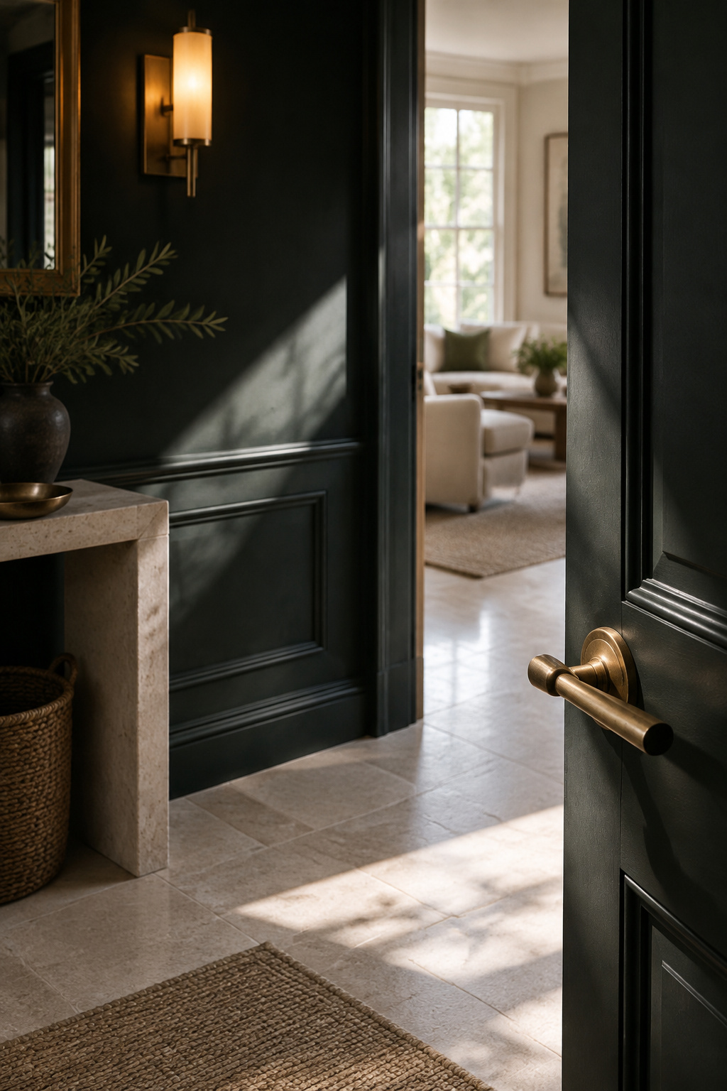 Deep green entryway wall lit by a shaft of daylight from an open front door, brass hardware catching the light