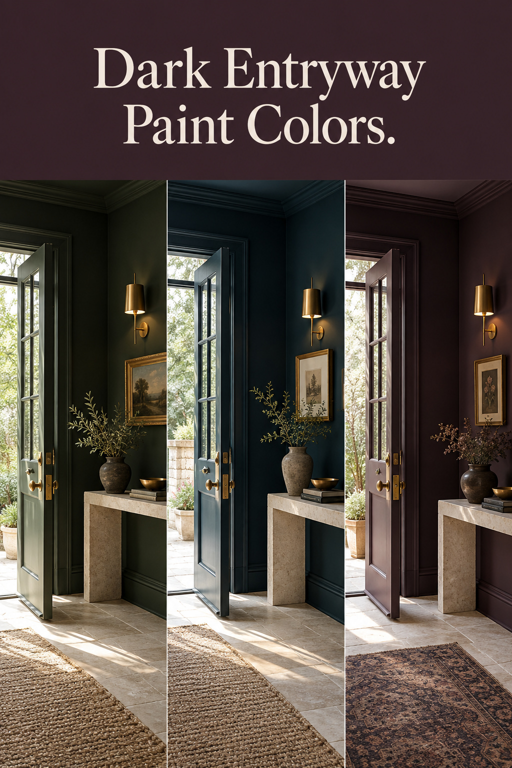 Pinterest pin showing three dark entryway paint colors -- green, navy-teal and aubergine -- each tested against open-door daylight