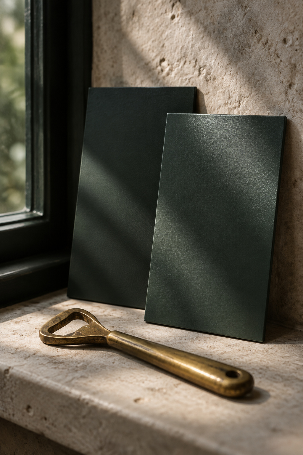 Two panels of the same dark green paint, one matte and one eggshell, showing the sheen difference under raking light