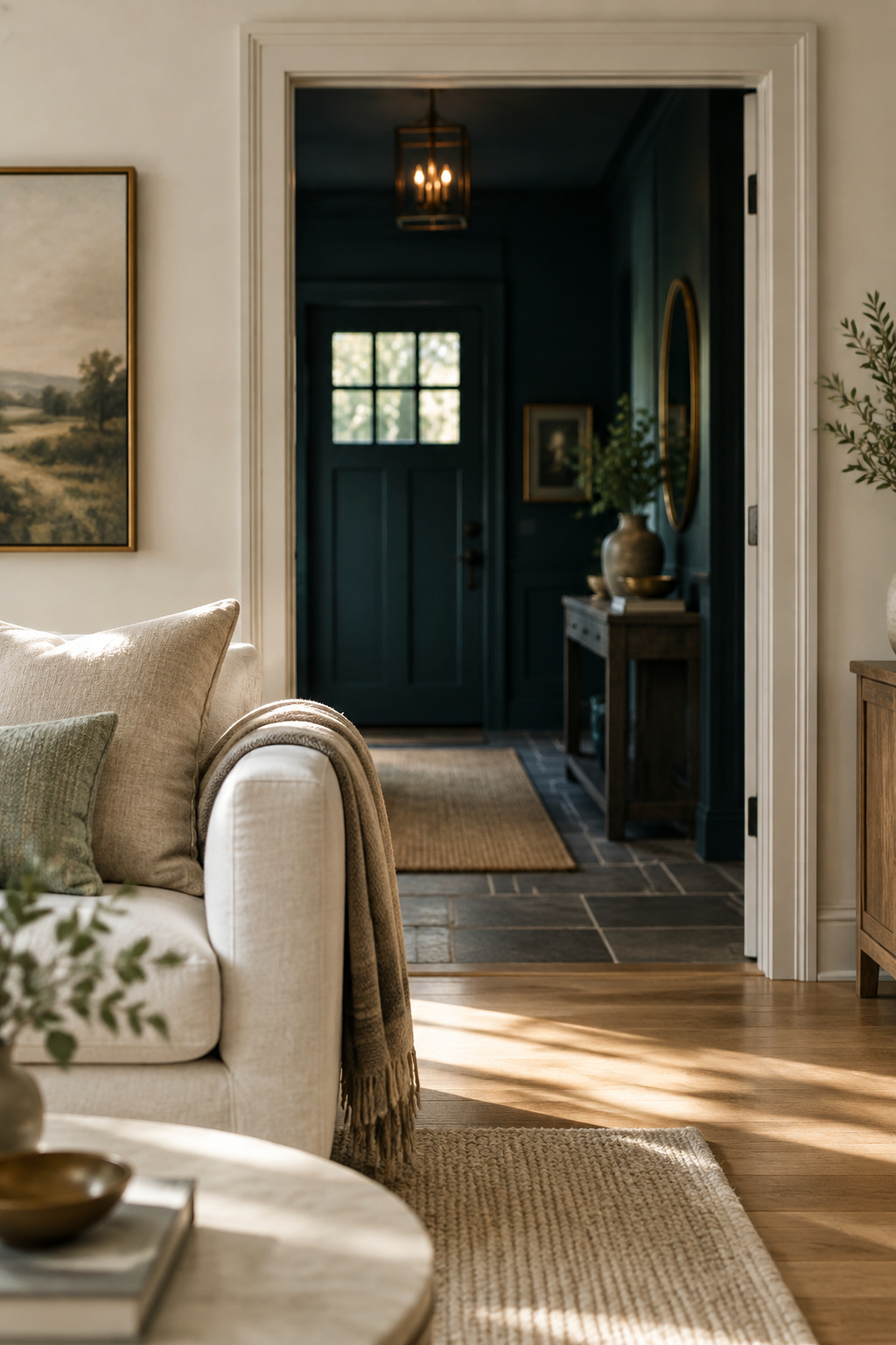 View from a sunlit living room through a doorway into a dark inky-teal entryway