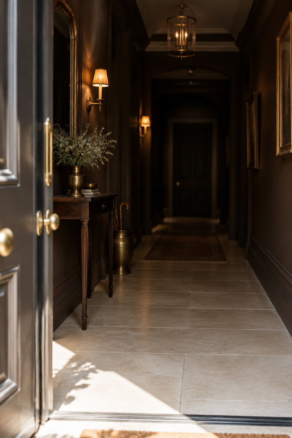 View into a dark espresso-brown entryway from an open front door with daylight spilling across the threshold