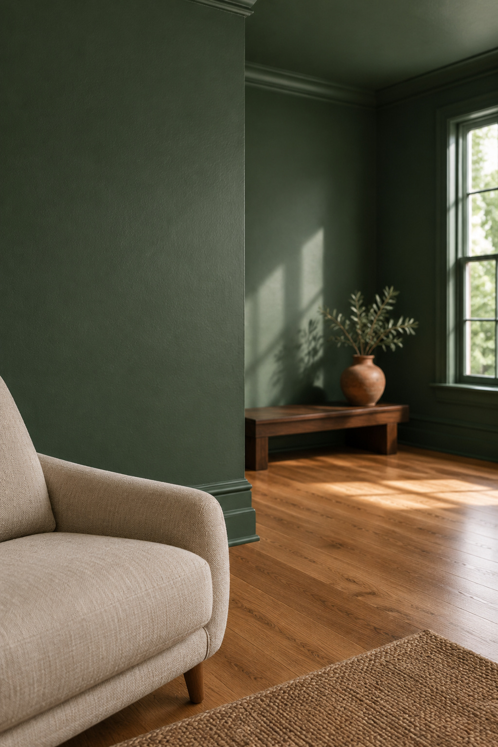 Living room with walls, trim and ceiling painted the same deep bottle-green, warm oak floor and linen armchair in daylight