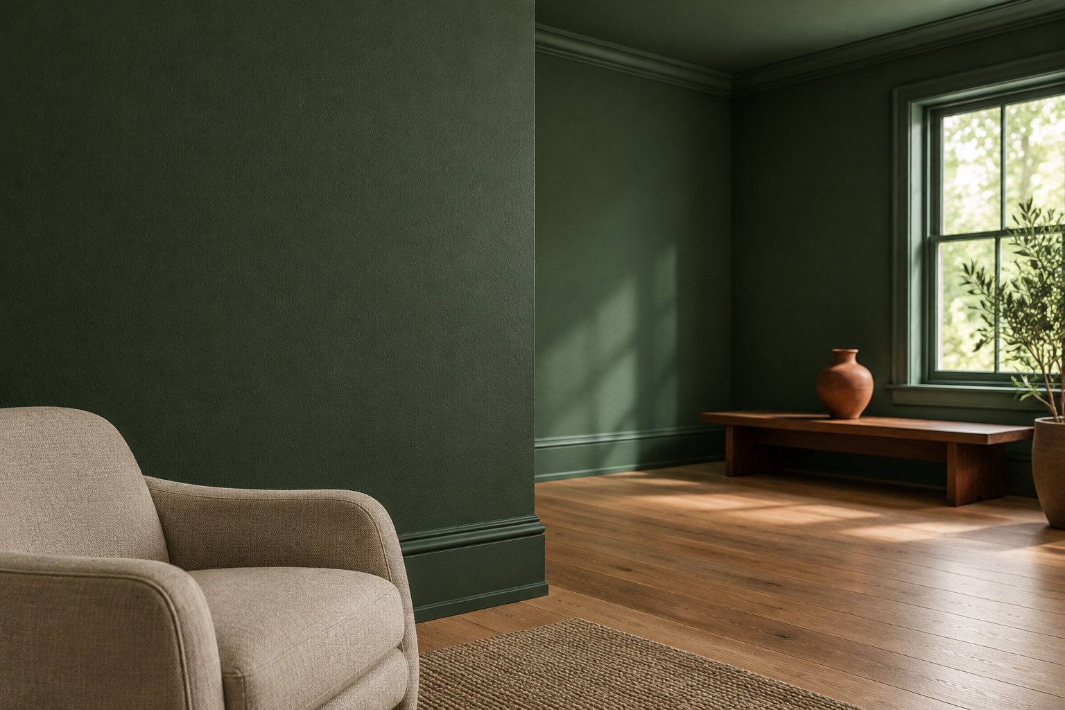 Living room with walls, trim and ceiling painted the same deep bottle-green, warm oak floor and linen armchair in daylight