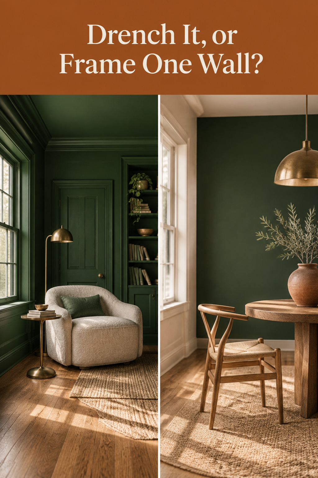 Pinterest pin comparing a fully drenched deep green living room against a single deep green feature wall