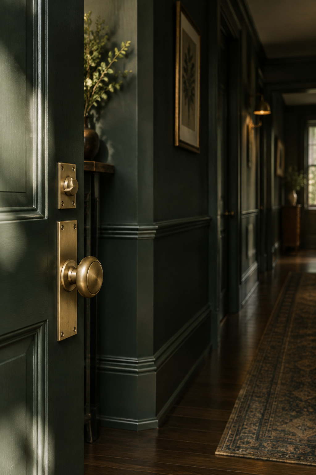 Inside corner where a blackened-green drenched entryway turns seamlessly into a matching hallway