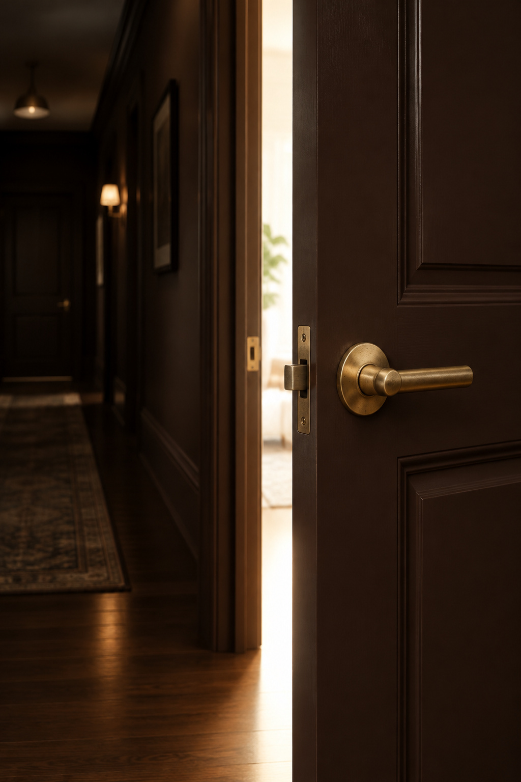Espresso-brown door blending into a dark hallway, standing ajar with bright light spilling from the room beyond