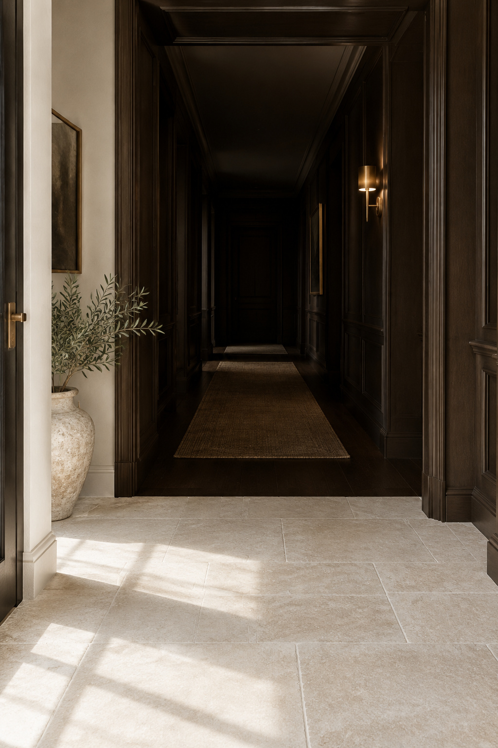 Bright daylight entryway giving way to a deep espresso-brown hallway lit by a single distant brass sconce