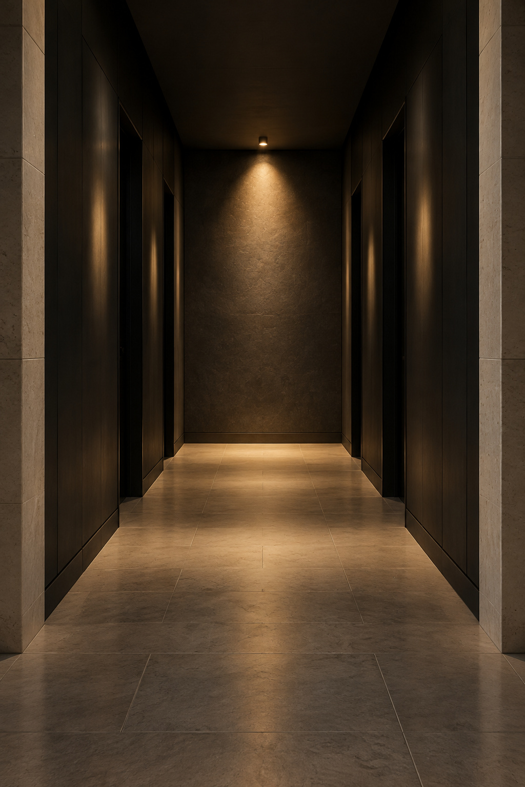 Graphite-black hallway with a single lit end wall drawing the eye down its length