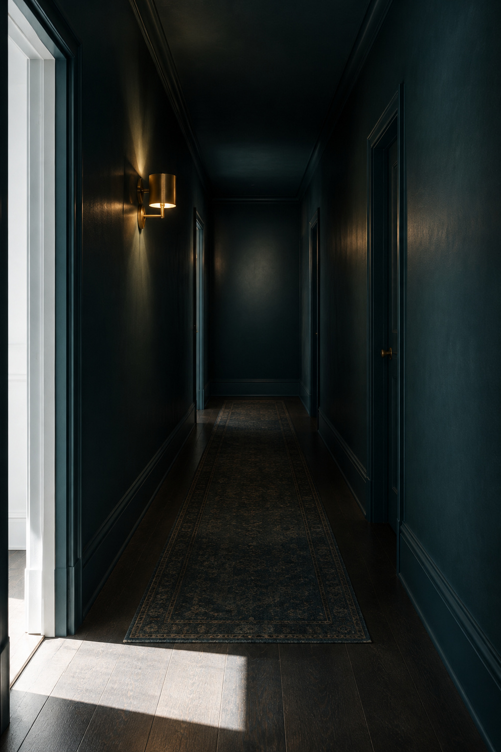 Dark inky teal hallway lit by a single brass wall sconce, seen from a bright doorway with daylight spilling in