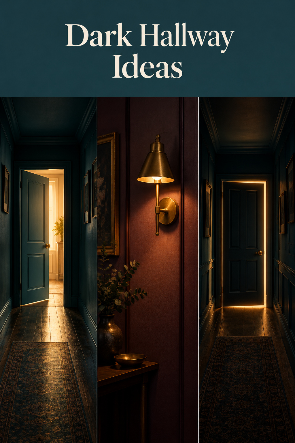 Pinterest pin collage of three dark hallway moments -- a lit doorway, a brass sconce, and a dark end-wall door -- under a deep petrol blue Dark Hallway Ideas headline