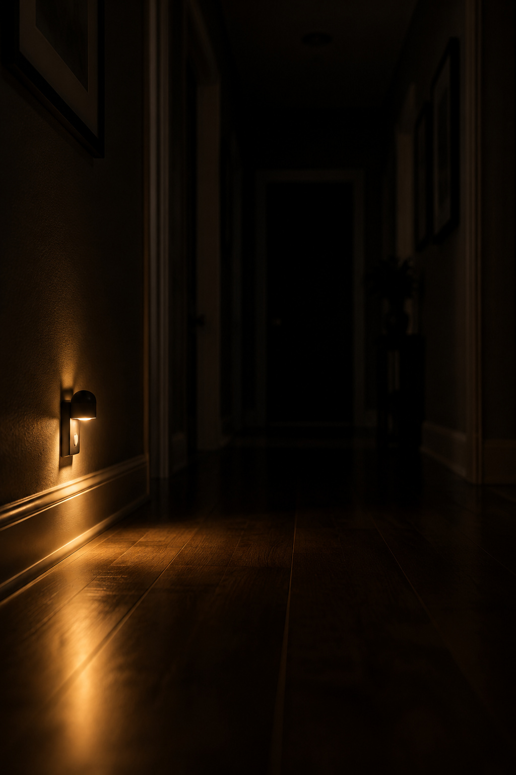 Dark hallway at night lit only by a single low warm plug-in path light near the floor