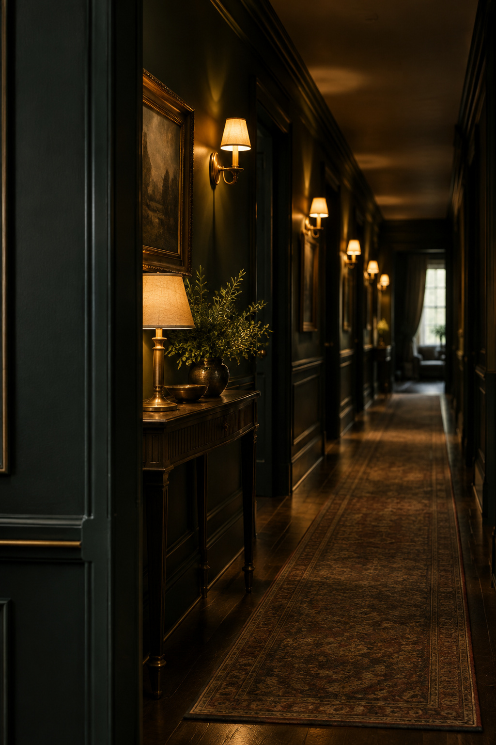 Dark blackened-green hallway lit by warm pools of sconce light continuing past the entryway