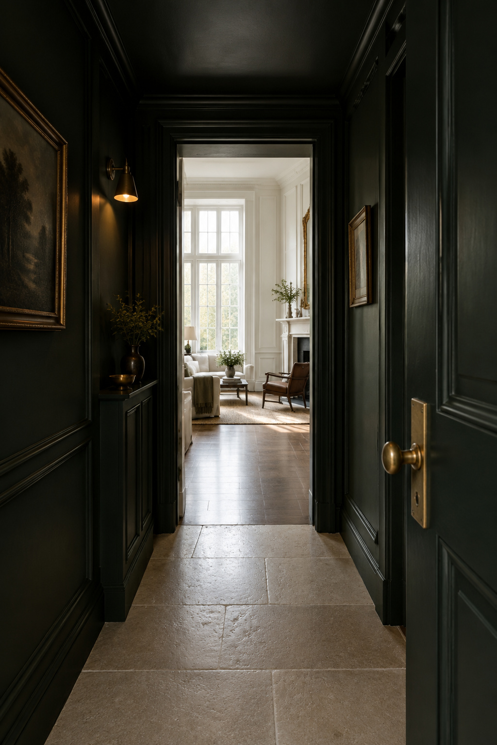 Dark blackened-green entryway hall opening into a bright sunlit living room beyond