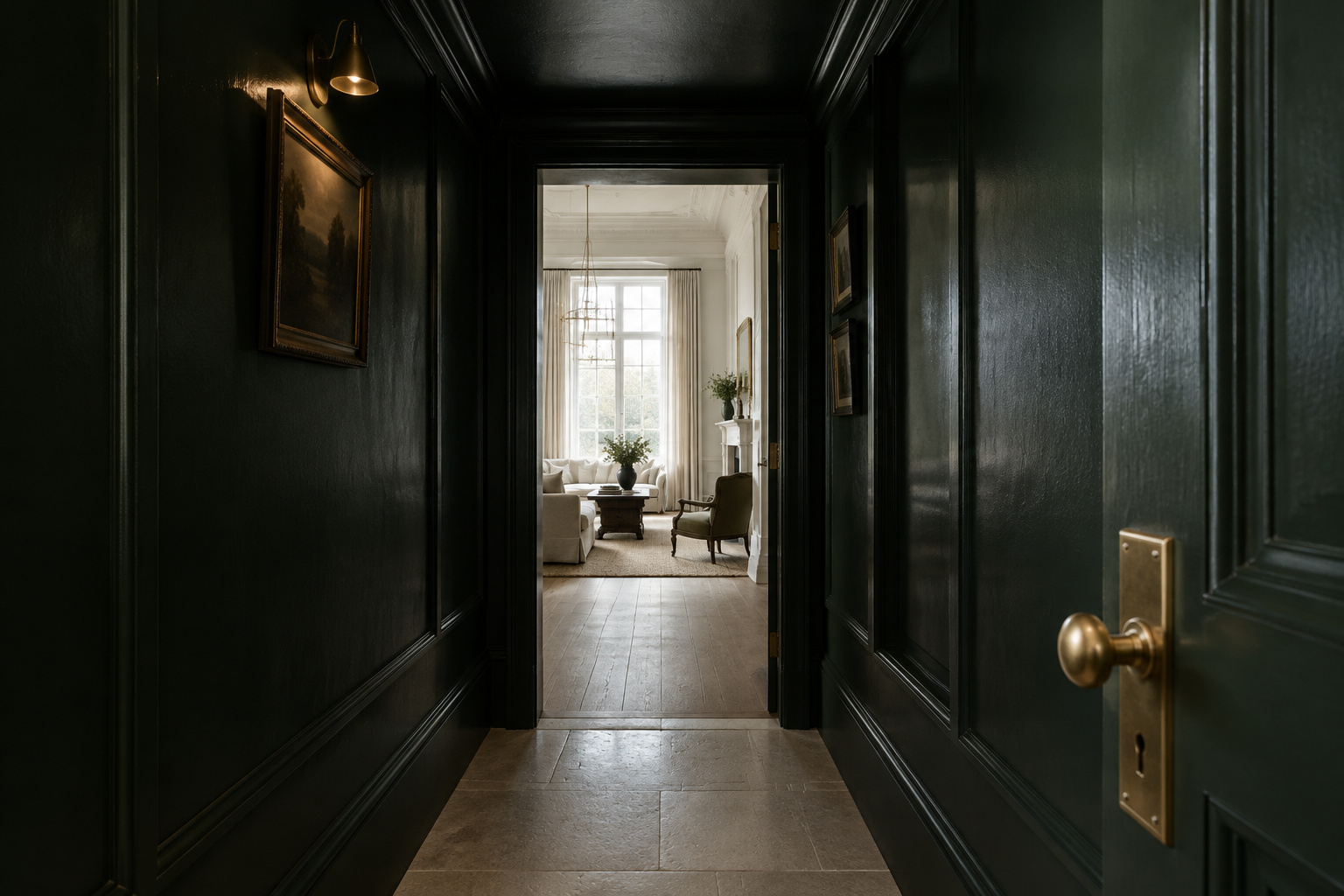 Dark blackened-green entryway hall opening into a bright sunlit living room beyond