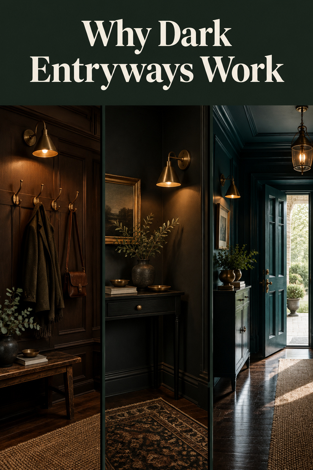 Three-panel Pinterest collage of dark moody entryway ideas in espresso brown, matte black and inky teal with brass accents