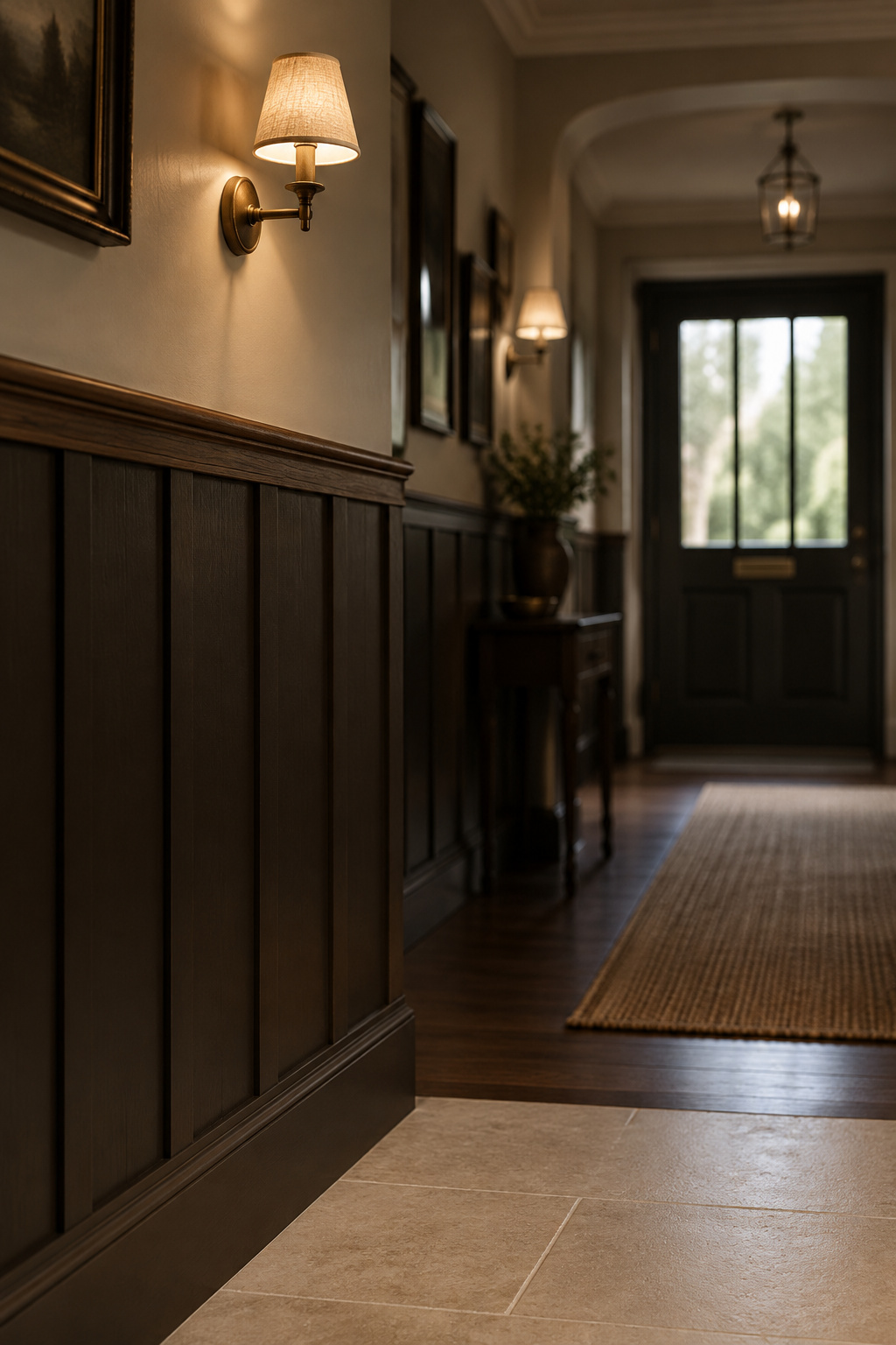 Entry wall with dark espresso-brown panelling below a dado rail and a paler wall above
