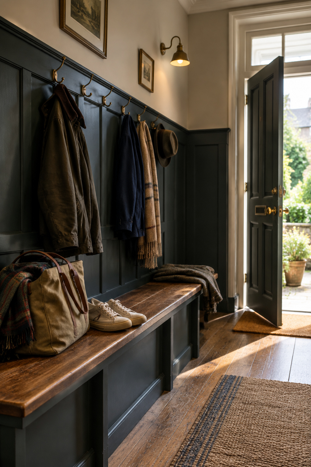 Finished entryway with dark panelling below a dado rail, a small bench, coat hooks, shoes and a bag in daily use