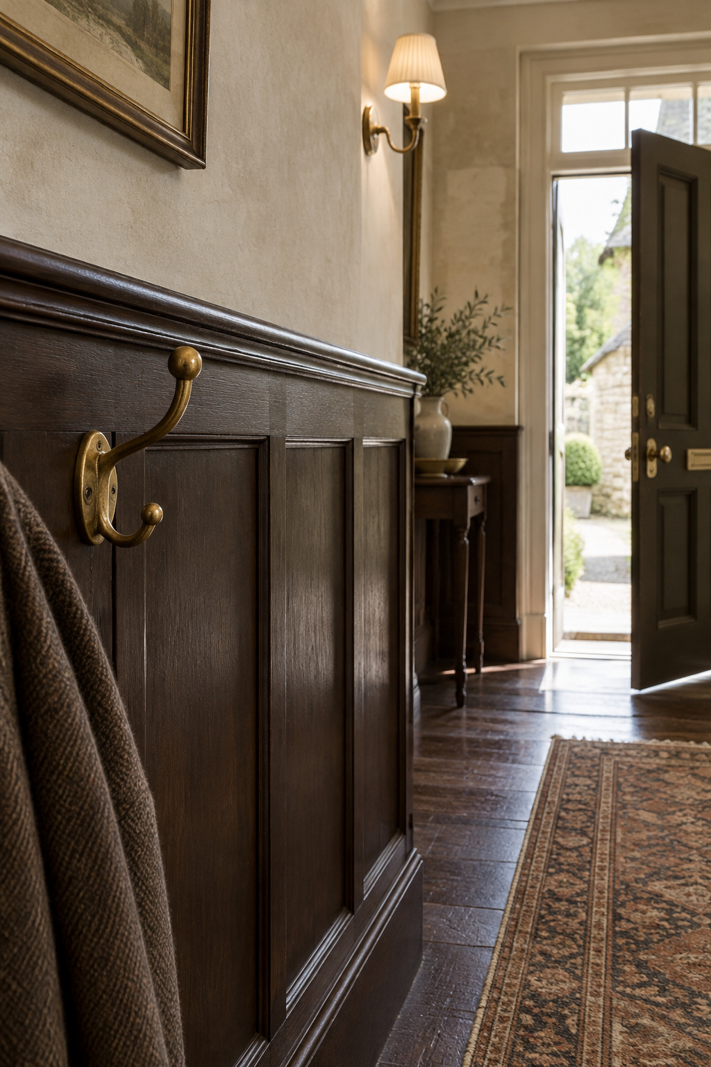 Entryway hallway with dark espresso-brown wood panelling below a dado rail and pale wall above, daylight from an open front door