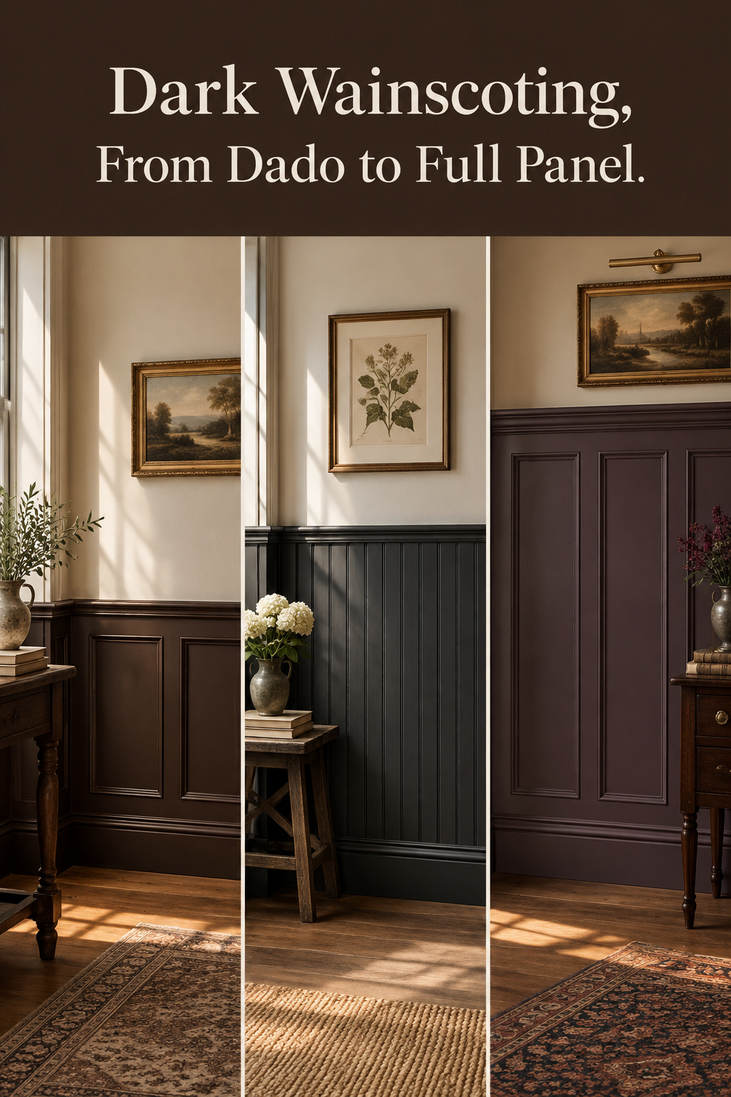 Pinterest pin comparing three dark wainscoting heights in an entryway: chair-rail dado, cottage beadboard, and tall Victorian panelling with plate rail