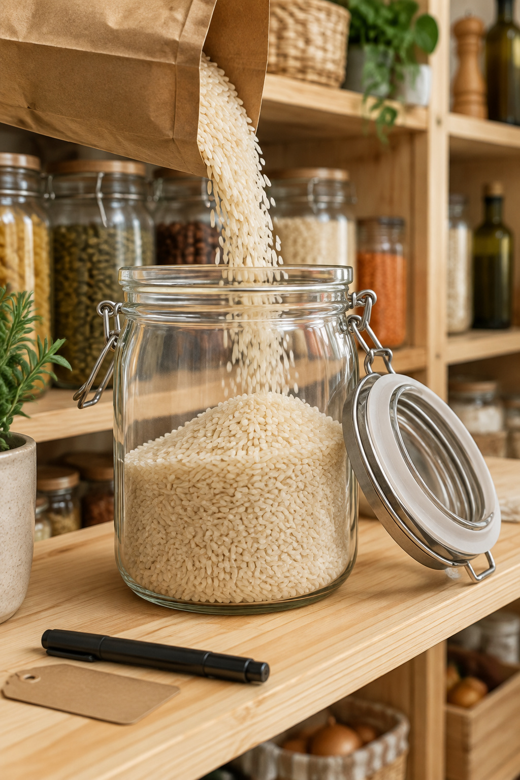 Rice being poured from a grocery bag into a glass canister with an airtight gasket lid