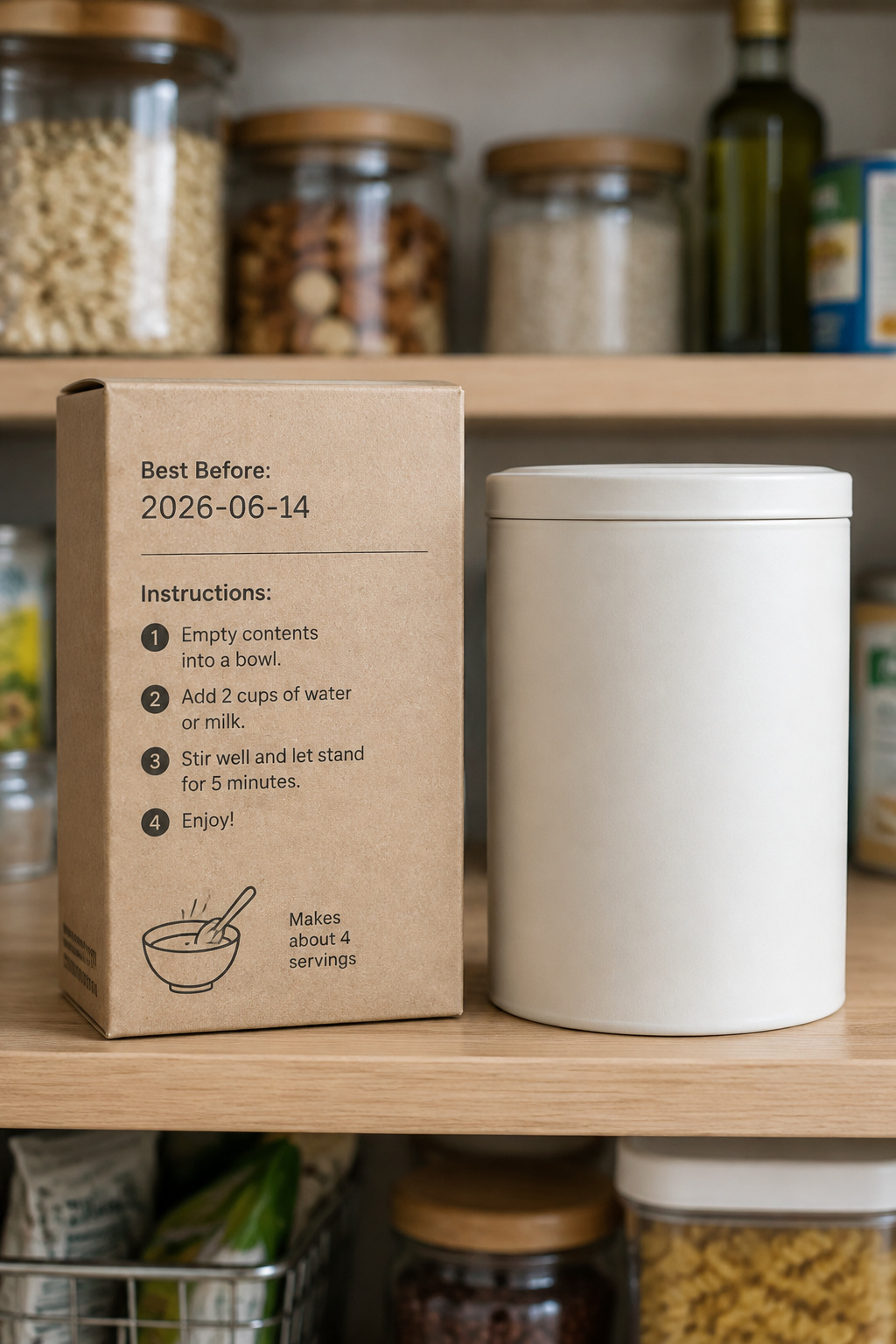 Cardboard food box showing its printed best-by date and cooking instructions next to a plain glass canister filled with the same food