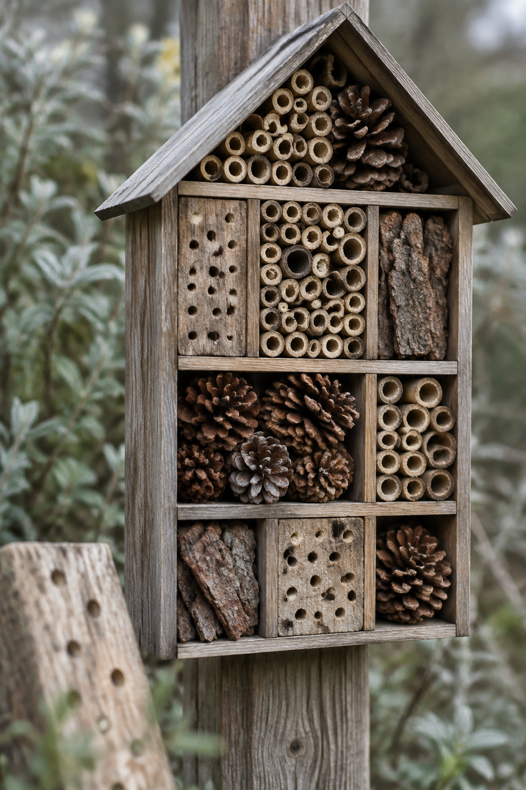 Ornate store-bought bee hotel with pinecones and bamboo tubes mounted on a cedar post, its holes empty and unused