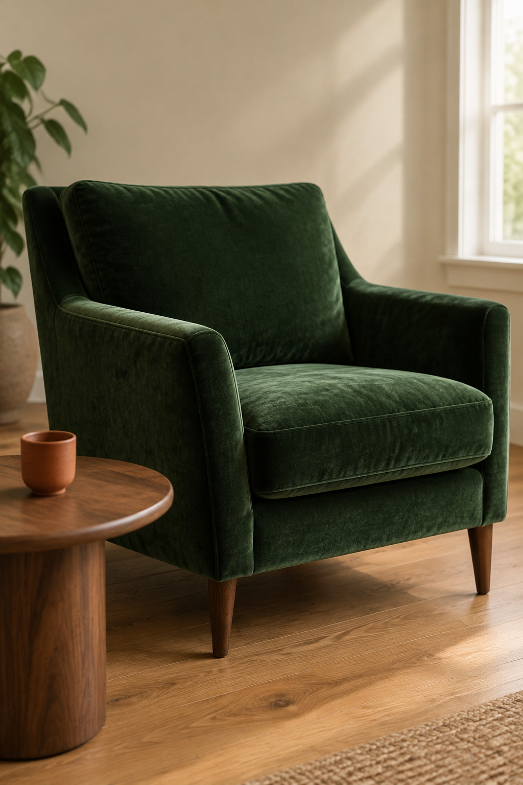 Deep bottle-green velvet armchair against an oatmeal wall in a daylit room with warm oak floor