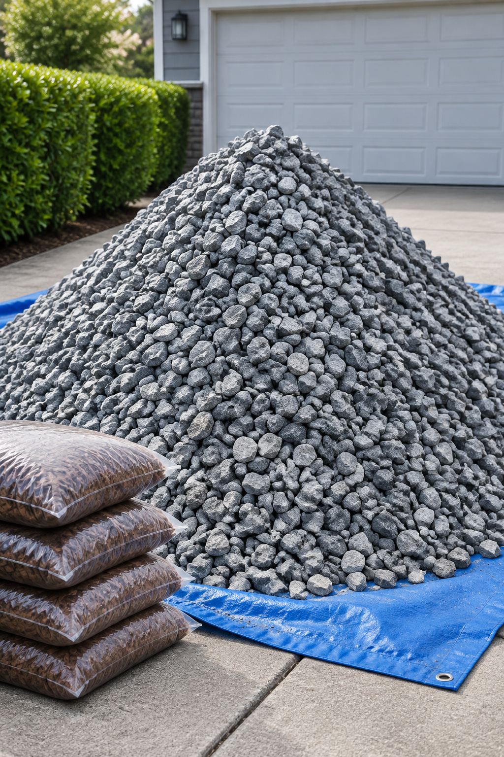 A cone of grey crushed stone on a blue tarp at the end of a driveway beside four stacked plain bags