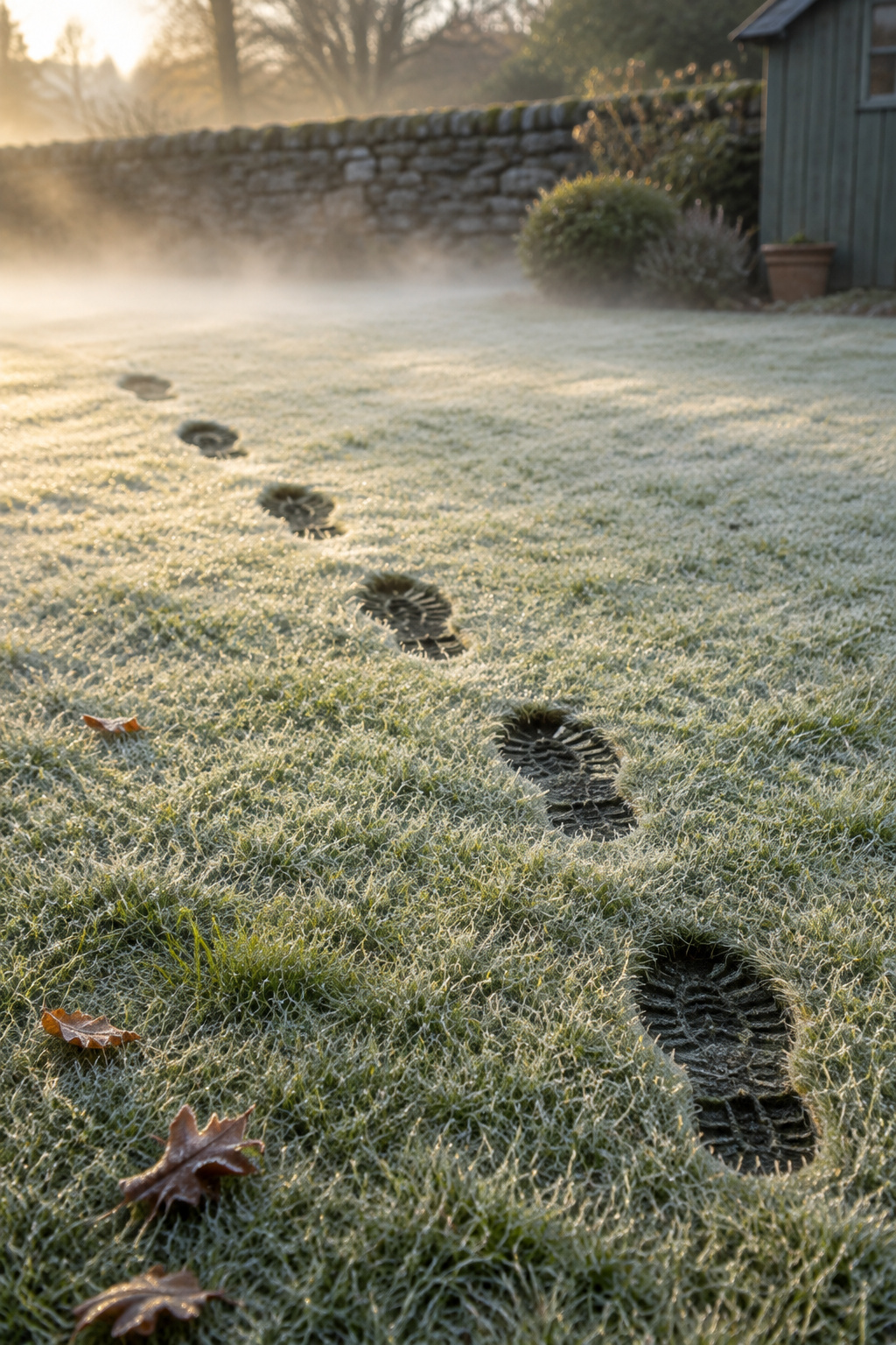 A line of dark footprints crossing a dew-covered lawn, evenly spaced and slightly curving