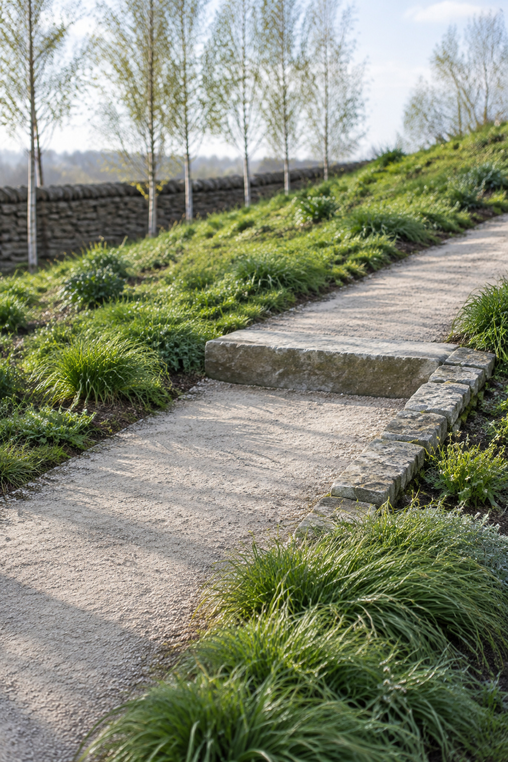 A firm pale path angling up a planted grassy bank with a broad stone step at the turn and stone edging on the downhill side