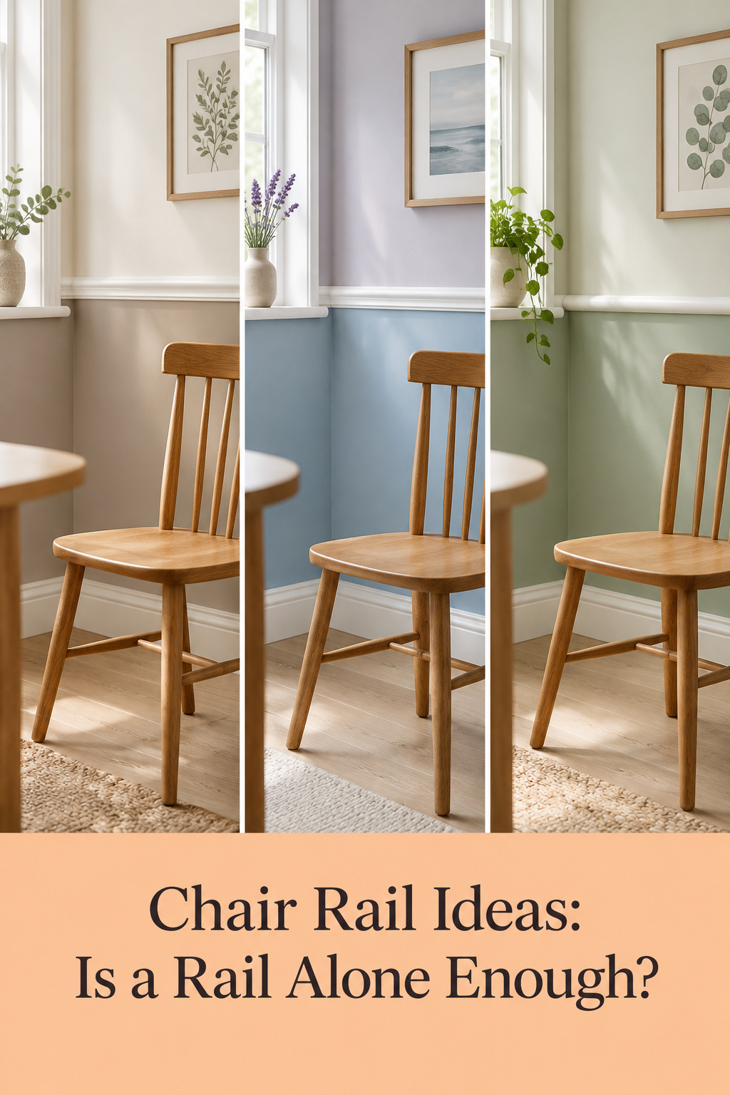 Three panels of dining room walls with different lone chair rail treatments beside oak chairs under a headline asking if a rail alone is enough