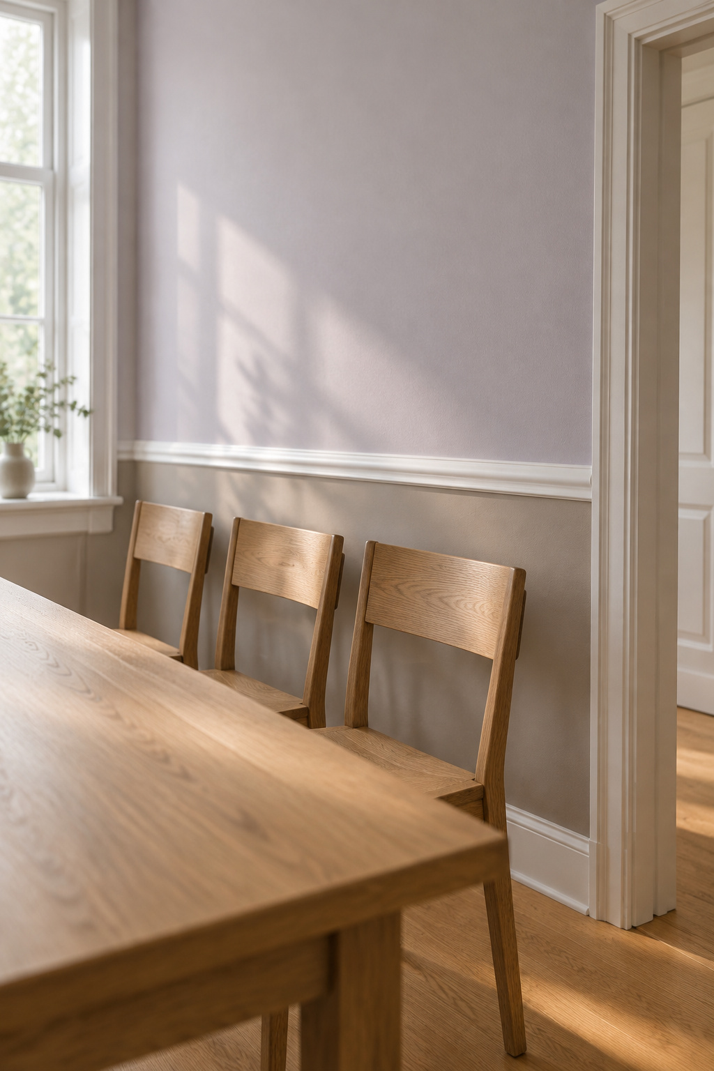 Dining room wall with a chalk-white chair rail over a mushroom-painted lower wall and plain oak chairs pushed back against it