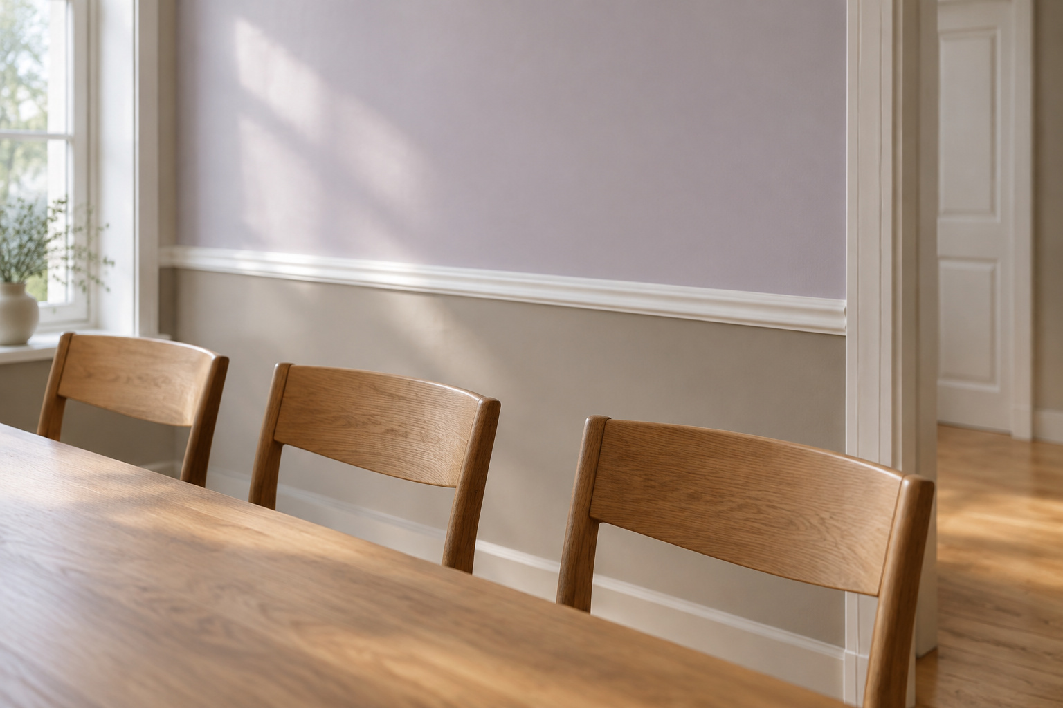Dining room wall with a chalk-white chair rail over a mushroom-painted lower wall and plain oak chairs pushed back against it