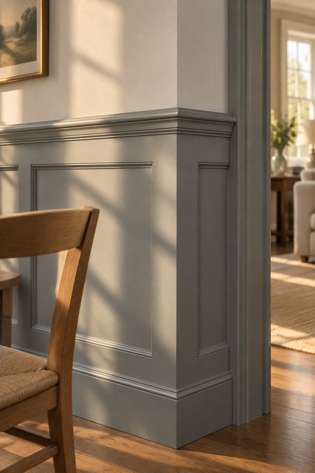 Pewter wainscoting wrapping an outside corner next to a cased dining room doorway