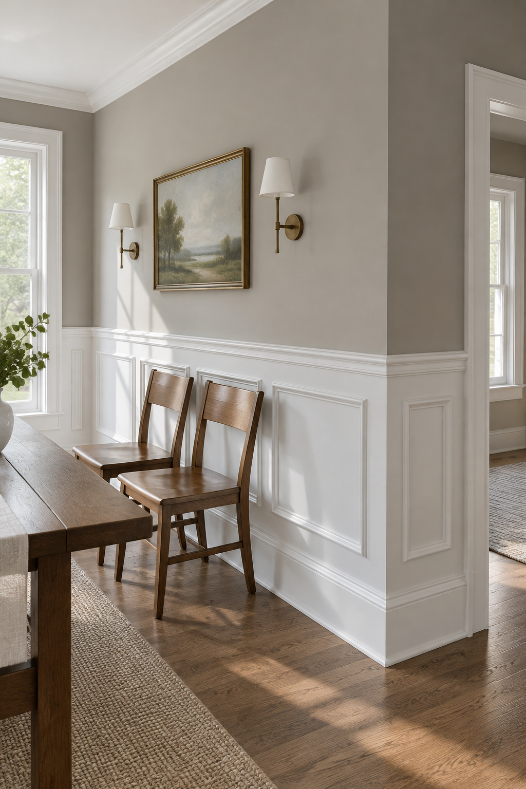 Chalk white picture-frame wainscoting along a dining room wall and around an outside corner, with plain wood chairs pushed back against it