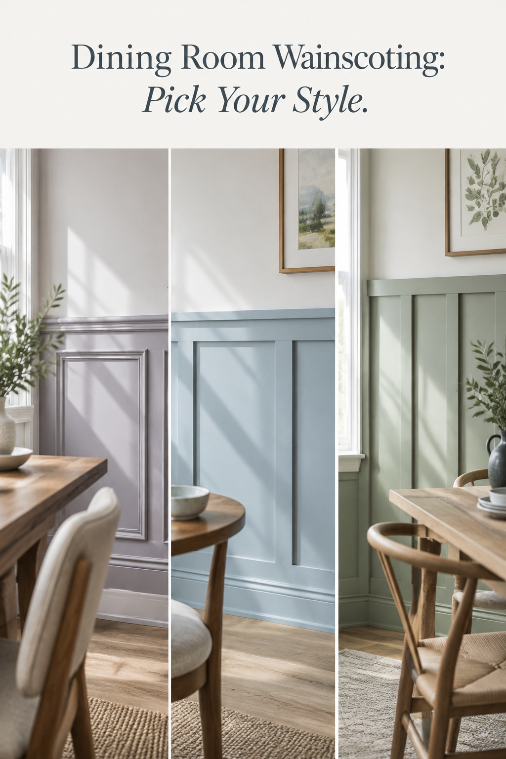 Pinterest pin collage of three dining room wainscoting styles: lilac grey picture frame, powder blue shaker panel and celadon board and batten