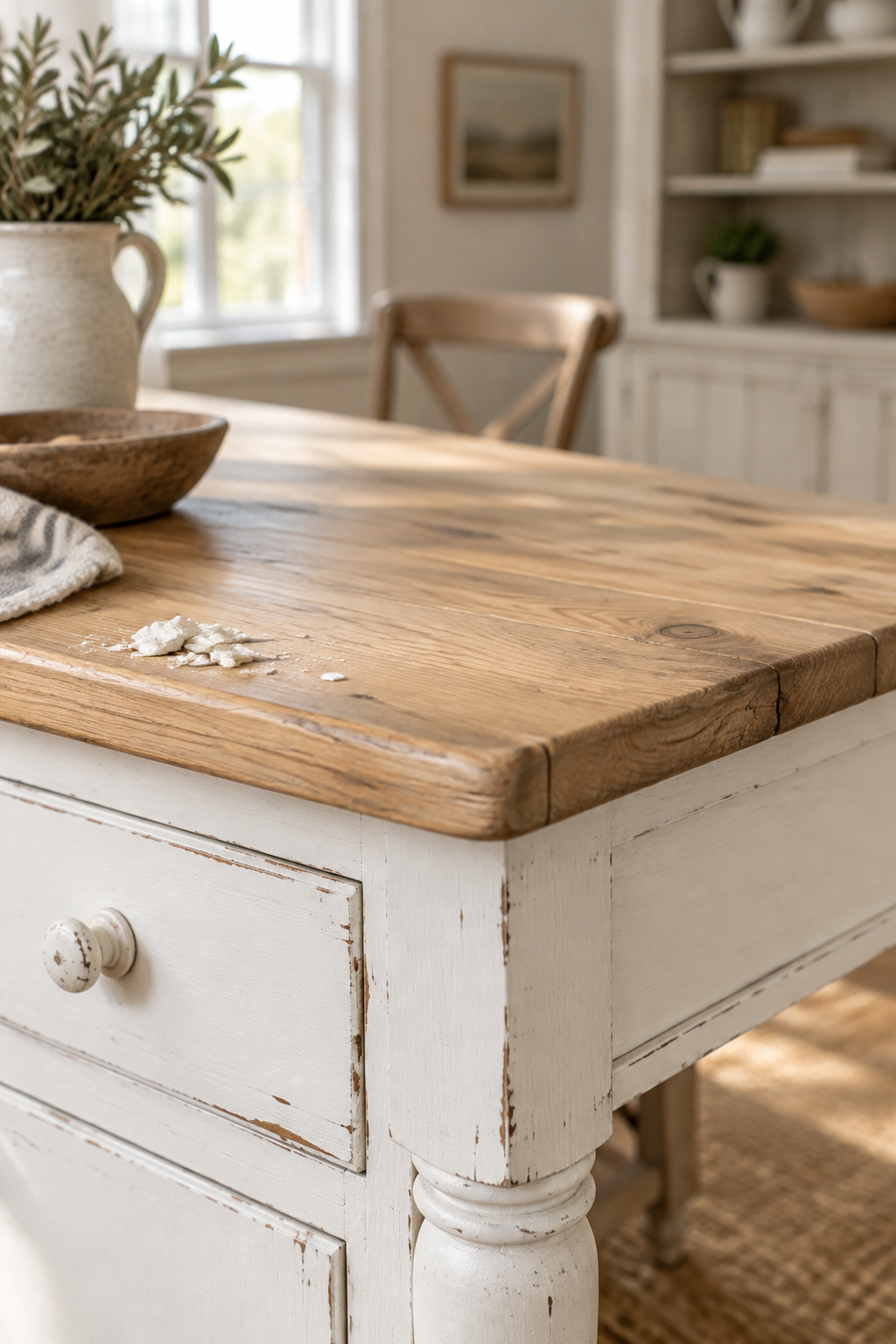 Heavily distressed stark-white painted table base beside a natural pine tabletop