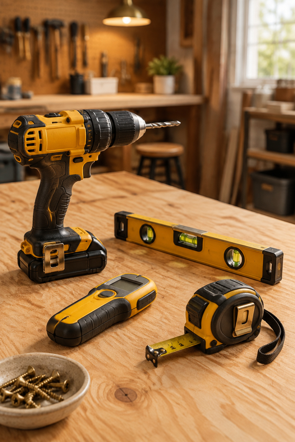 Cordless drill, level, stud finder and tape measure arranged on plywood, the core tool kit for a DIY closet build
